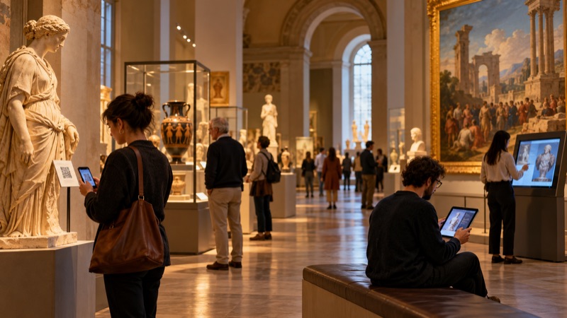 Visitors in a museum gallery using phones, tablets and a touchscreen beside statues and paintings