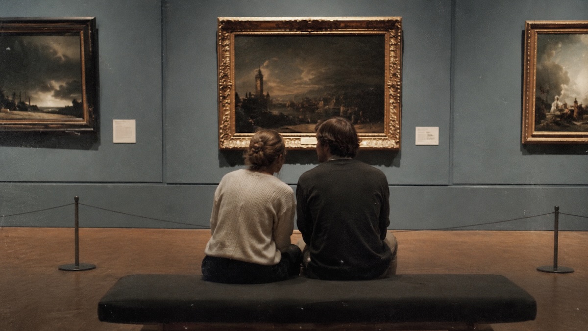 Young person exploring heritage with a smartphone and paintings