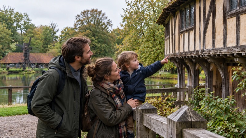 A family pointing up at a timber-framed historic building beside a lake