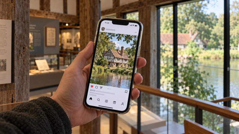 A hand holding a phone showing an Instagram post of a timber-framed house, inside a heritage visitor centre